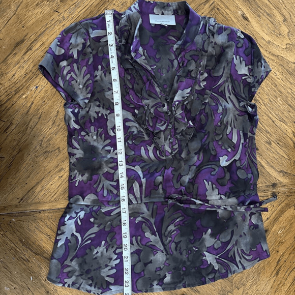 Classiques Entier Purple Grey 100% Silk Shirt Short Sleeve Ruffles Womans XS GUC - Picture 7 of 15